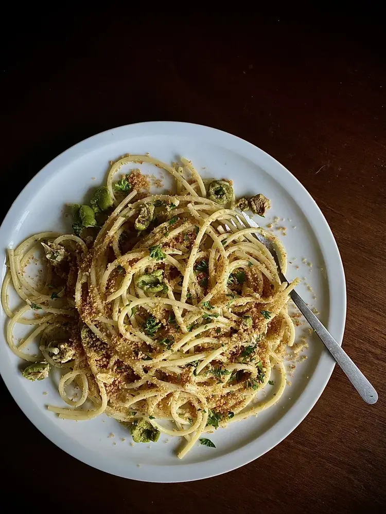 Bucatini With Trout Olives Pan Grattato