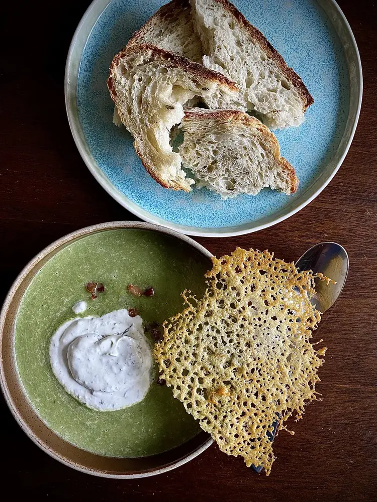 Pea & Miso Soup with Zest Infused Whipped Cream