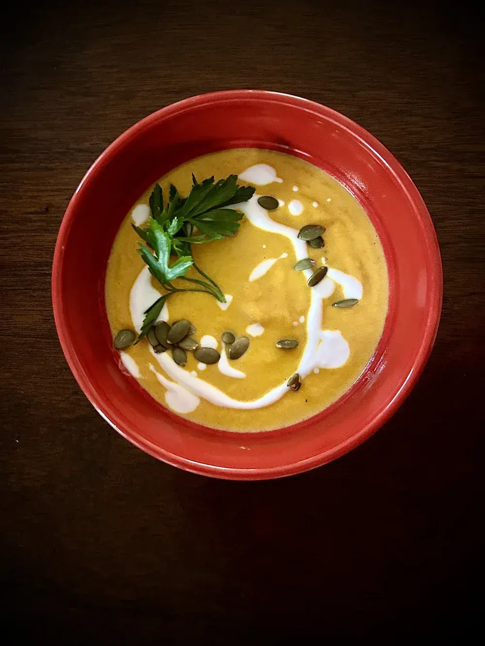 Spicy Thai Inspired Carrot Soup with Carrot Top Salsa Verde