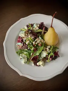 Cider Poached Pears with Greens, Blue Cheese, Toasted Hazelnuts and Cider Reduction Vinaigrette - photo 3
