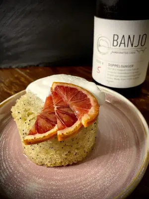 Blood orange poppy seed cake paired with Banjo Handcrafted Cider from Uxbridge, Ontario