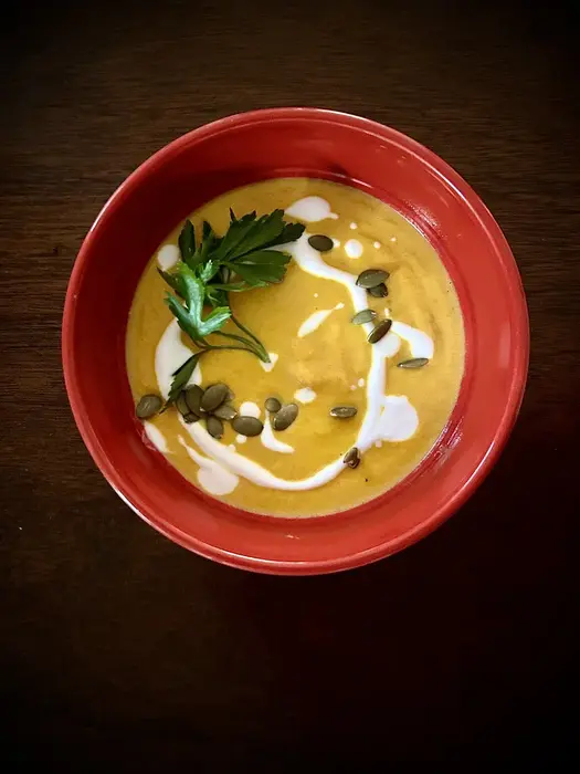 Spicy Thai Inspired Carrot Soup with Carrot Top Salsa Verde