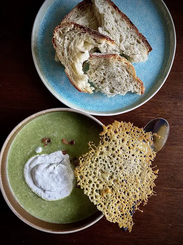 Pea & Miso Soup with Zest Infused Whipped Cream