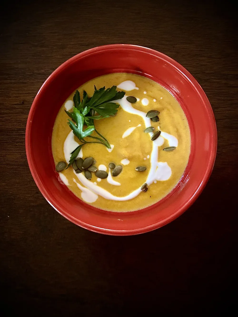 Spicy Thai Inspired Carrot Soup with Carrot Top Salsa Verde